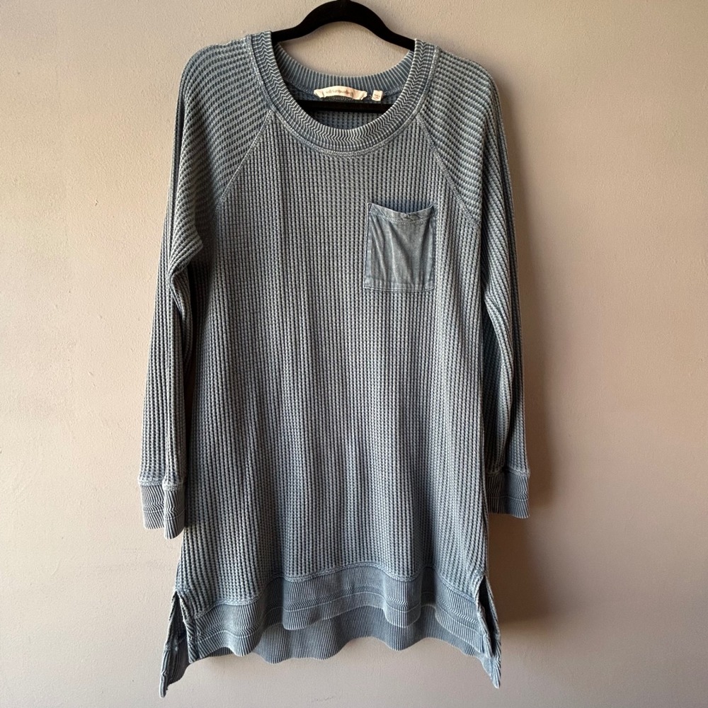 Soft Surroundings Blue Waffle Knit Tunic Raglan Sleeve Pocket Top 2AZ81 Womens M